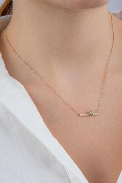 14ct Gold Horizontal Bar Evil Eye Necklace-0