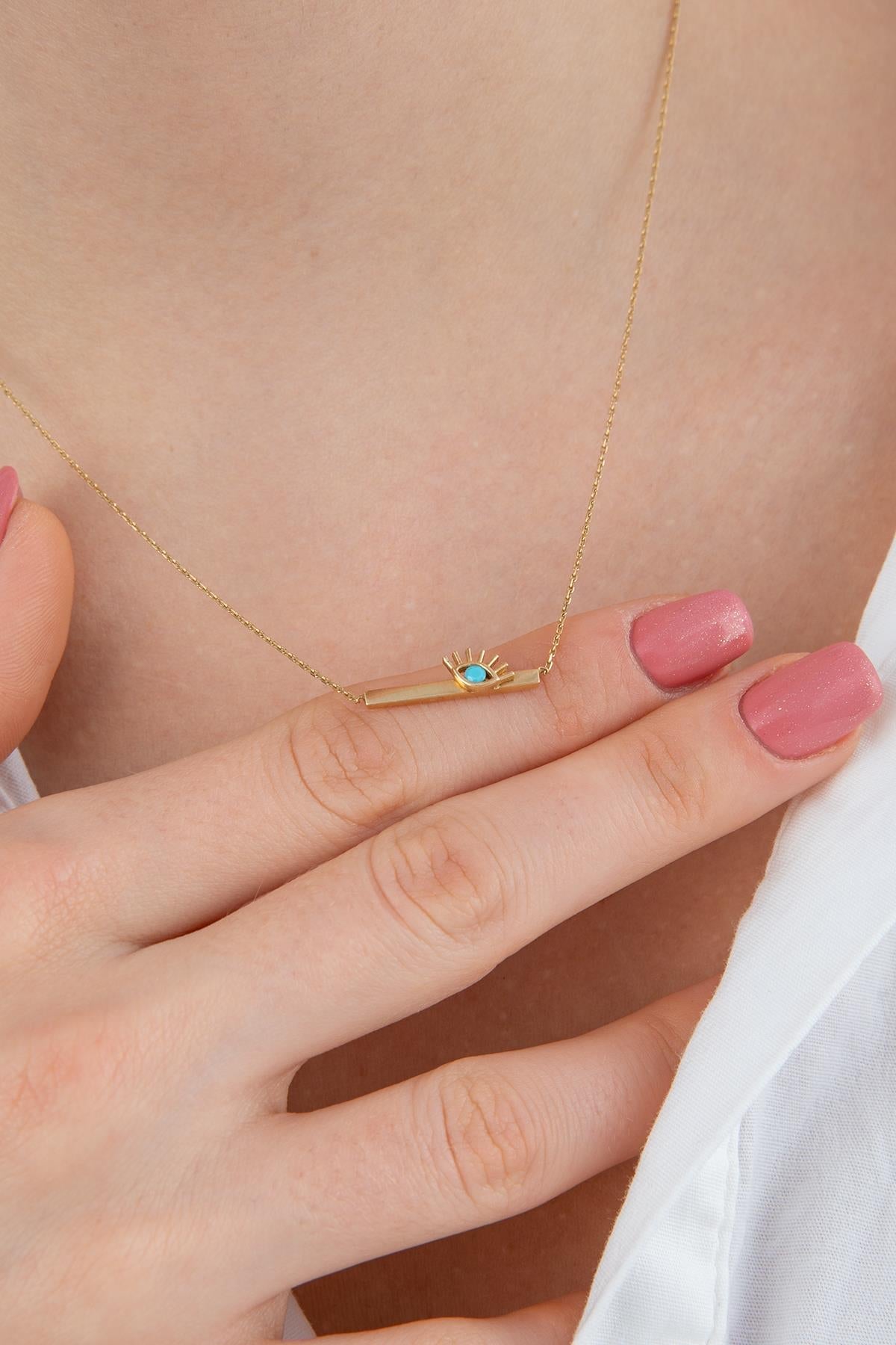 14ct Gold Horizontal Bar Evil Eye Necklace-1