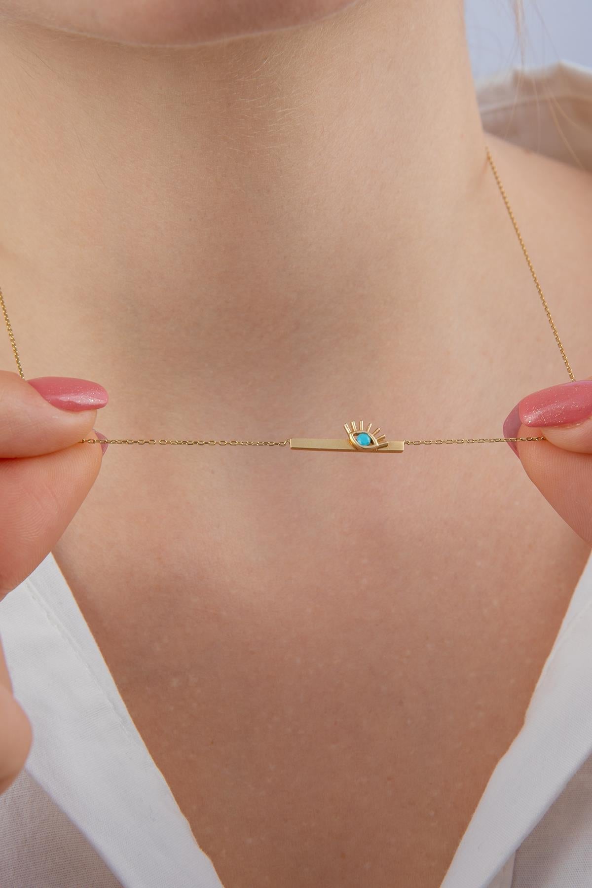 14ct Gold Horizontal Bar Evil Eye Necklace-2