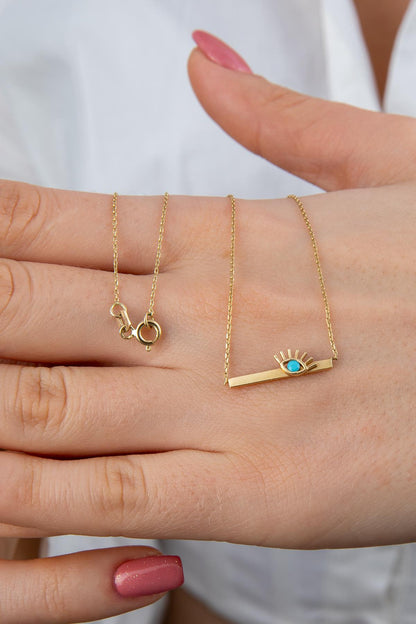 14ct Gold Horizontal Bar Evil Eye Necklace-3