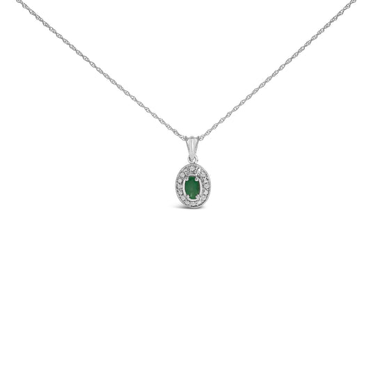 14K White Gold Oval Green Emerald and Diamond Halo Pendant Necklace - 18" Inches-0