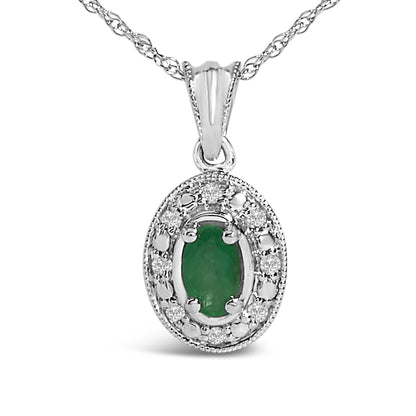 14K White Gold Oval Green Emerald and Diamond Halo Pendant Necklace - 18" Inches-1