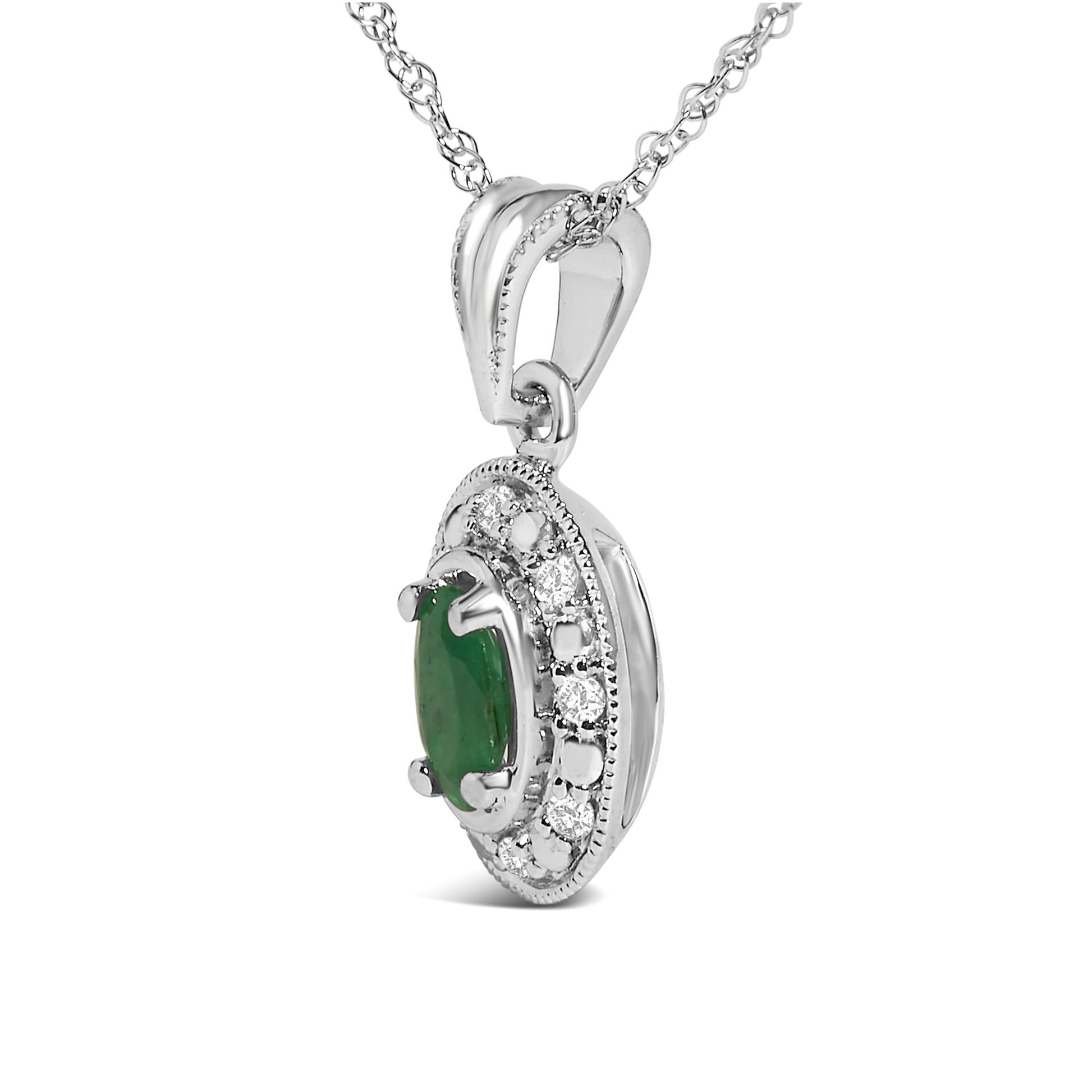 14K White Gold Oval Green Emerald and Diamond Halo Pendant Necklace - 18" Inches-3