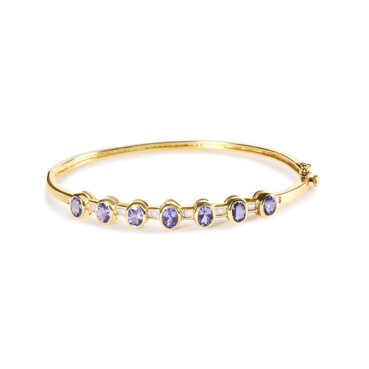 14K Yellow Gold Alternating Bezel Set 5MM Oval Shaped Tanzanite and 1/5 Cttw Diamond Bangle Bracelet (H-I Color, VS2-SI1 Clarity) - Fit's wrists up to 7.25" Inches-0