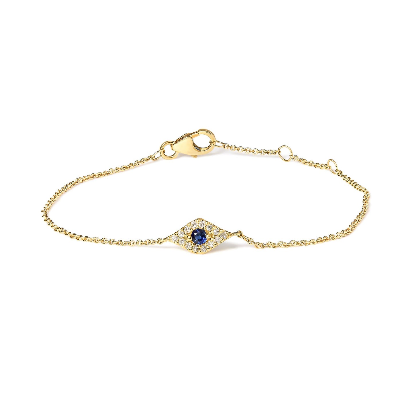 10K Yellow Gold Blue Sapphire and Diamond Accent Evil Eye Station Link Bracelet  (H-I Color, I1-I2 Clarity) - Size 7"-0