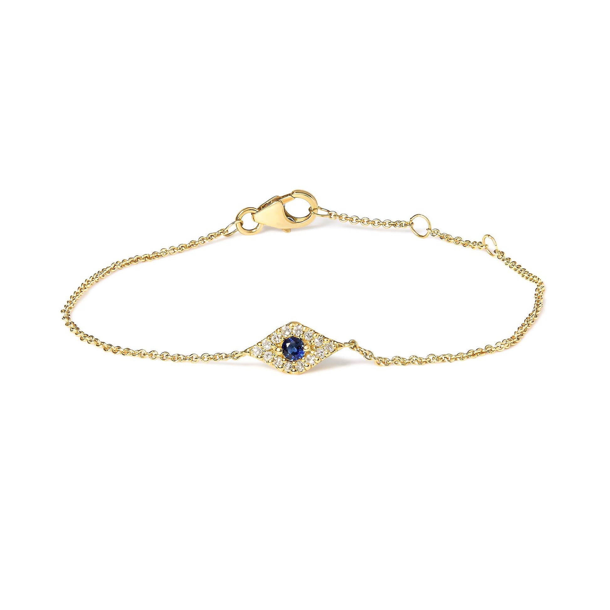 10K Yellow Gold Blue Sapphire and Diamond Accent Evil Eye Station Link Bracelet  (H-I Color, I1-I2 Clarity) - Size 7"-0
