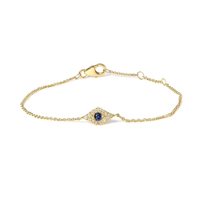 10K Yellow Gold Blue Sapphire and Diamond Accent Evil Eye Station Link Bracelet  (H-I Color, I1-I2 Clarity) - Size 7"-0