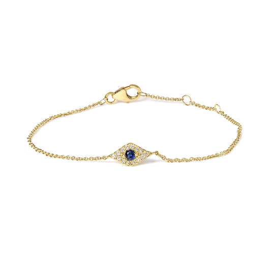 10K Yellow Gold Blue Sapphire and Diamond Accent Evil Eye Station Link Bracelet  (H-I Color, I1-I2 Clarity) - Size 7"-0