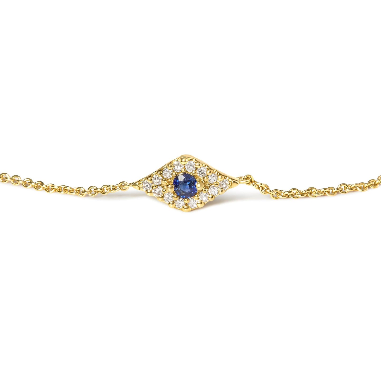 10K Yellow Gold Blue Sapphire and Diamond Accent Evil Eye Station Link Bracelet  (H-I Color, I1-I2 Clarity) - Size 7"-1