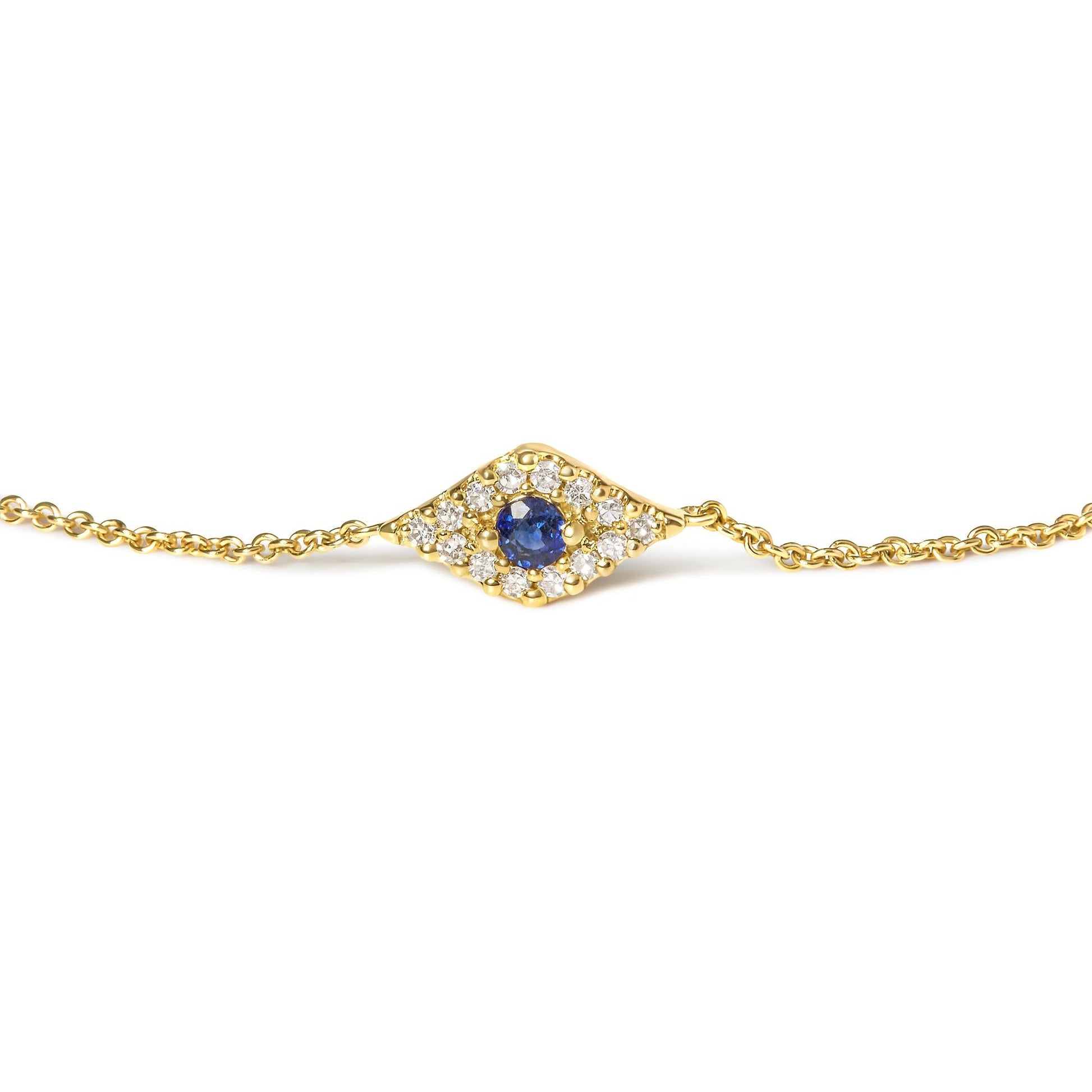 10K Yellow Gold Blue Sapphire and Diamond Accent Evil Eye Station Link Bracelet  (H-I Color, I1-I2 Clarity) - Size 7"-1
