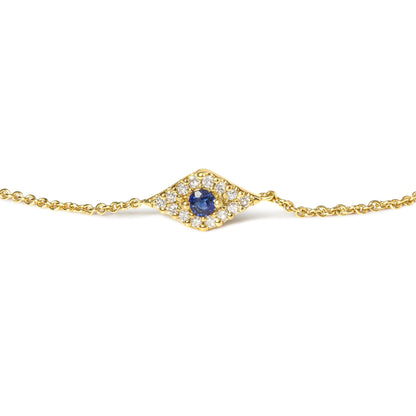 10K Yellow Gold Blue Sapphire and Diamond Accent Evil Eye Station Link Bracelet  (H-I Color, I1-I2 Clarity) - Size 7"-1