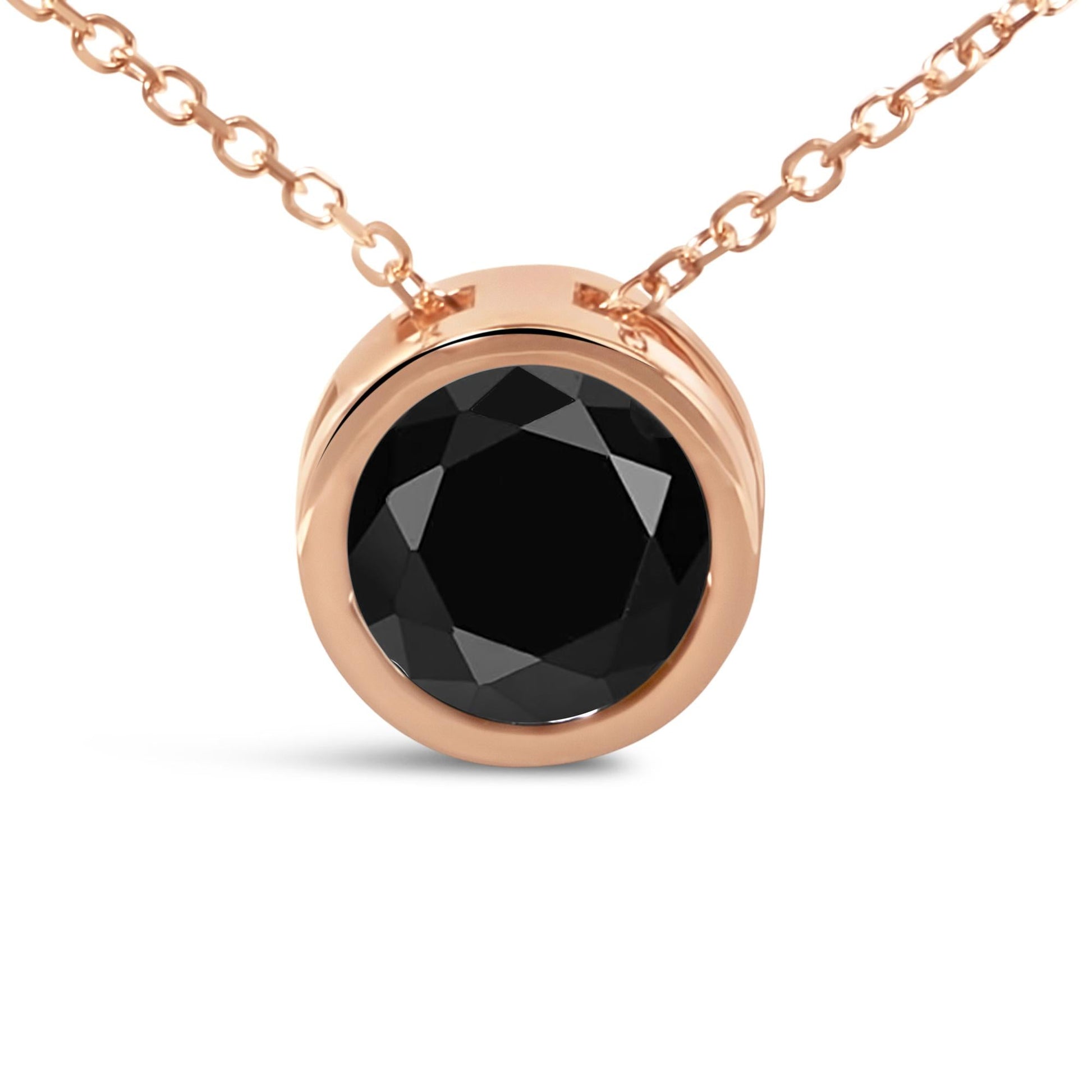 14K Rose Gold Bezel-Set Black Round Diamond Solitaire Pendant Necklace (Black Color, I2-I3 Clarity) - 18"-3