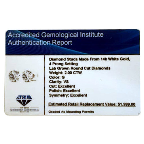 2.00 CTW AGI Certified Lab-Grown Diamond Stud Earrings in Solid 14K Gold - G Color, VS Clarity-4